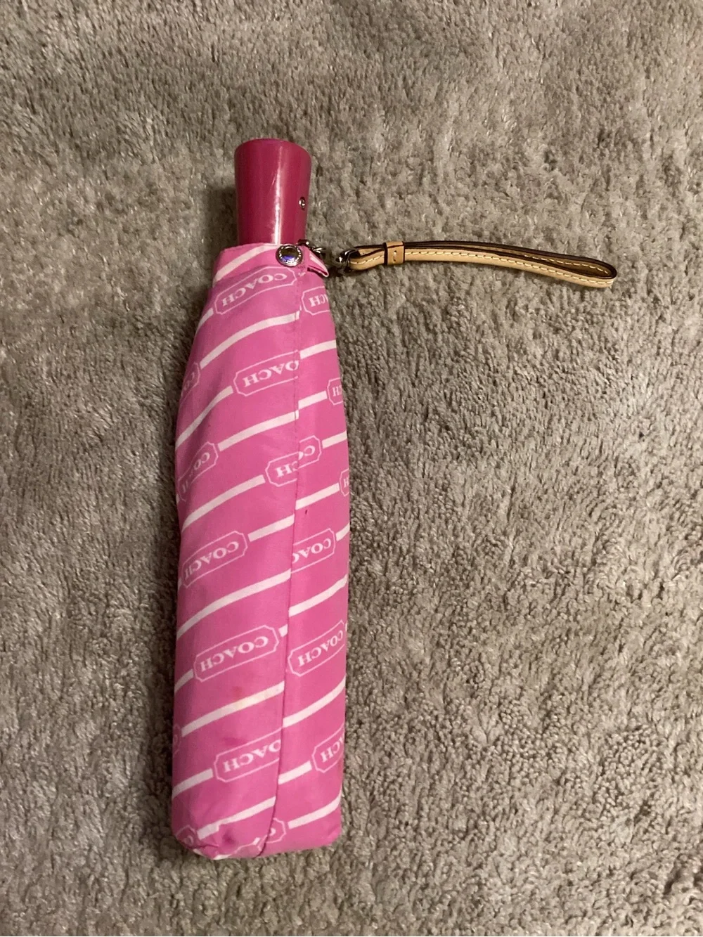 Coach Pink Compact Umbrella with Gold Wrist Strap